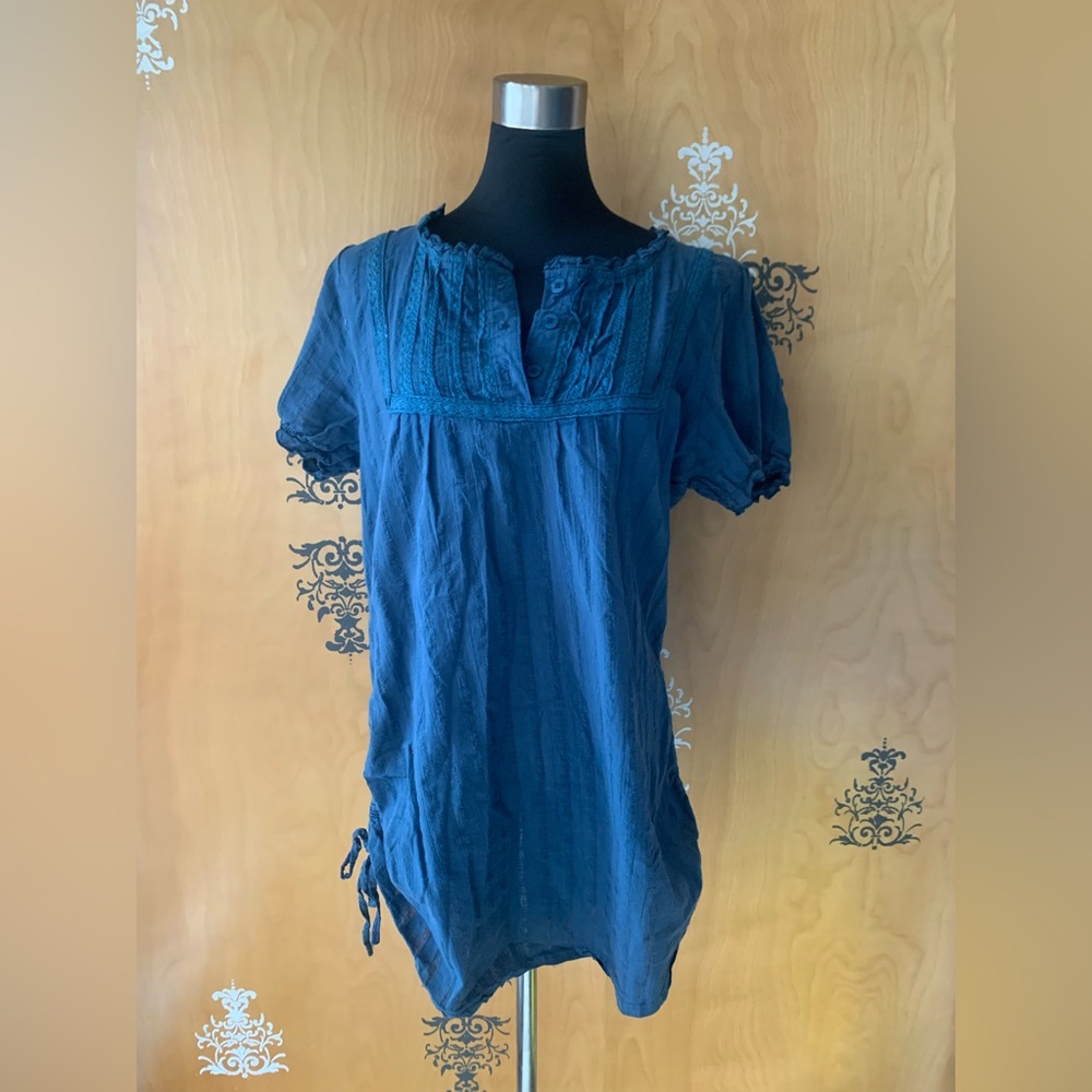 Vintage 2000s Y2K Blue Cotton Button Up Blouse Ruffles Side Tie S/M